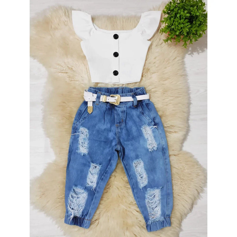 Conjunto Infantil Cropped e Calça Jeans Jogger Destroyed - Mini Diva Blogueira