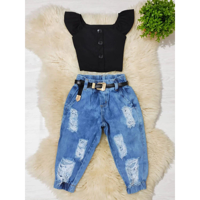 Conjunto Infantil Cropped e Calça Jeans Jogger Destroyed - Mini Diva Blogueira