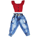 Conjunto Infantil Cropped e Calça Jeans Jogger Destroyed - Mini Diva Blogueira