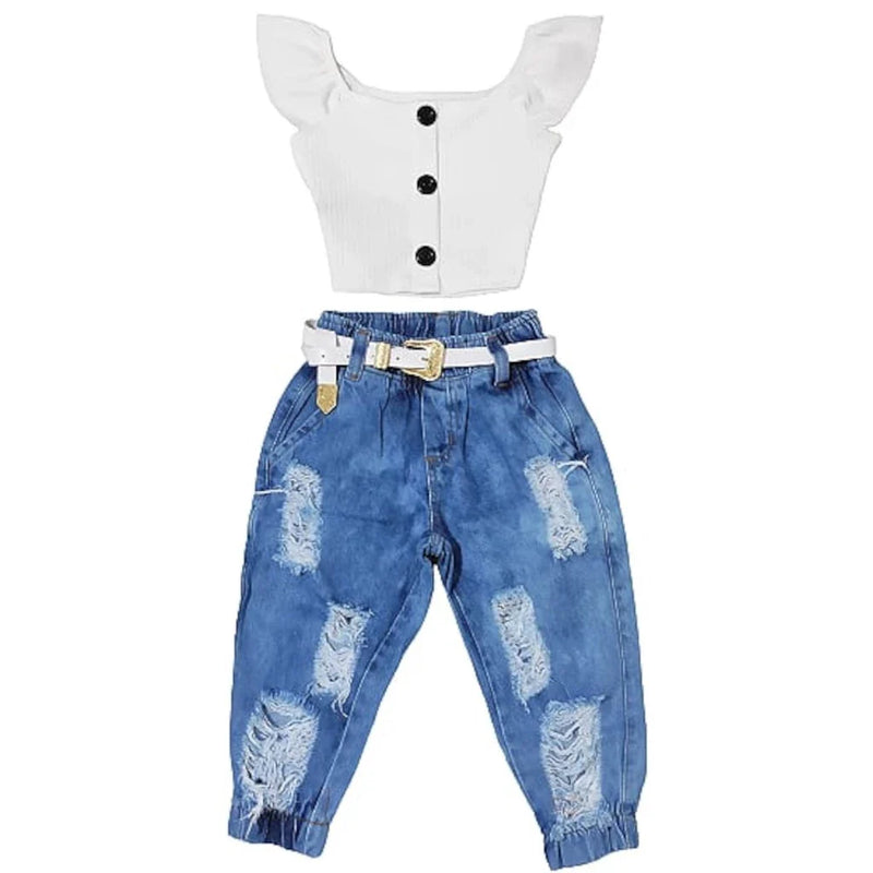 Conjunto Infantil Cropped e Calça Jeans Jogger Destroyed - Mini Diva Blogueira