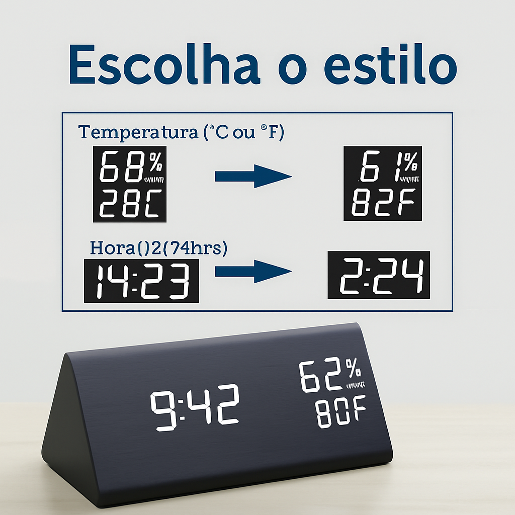 Despertador Digital de Madeira com LED e 3 Alarmes