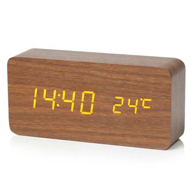 Despertador Digital de Madeira com LED e 3 Alarmes