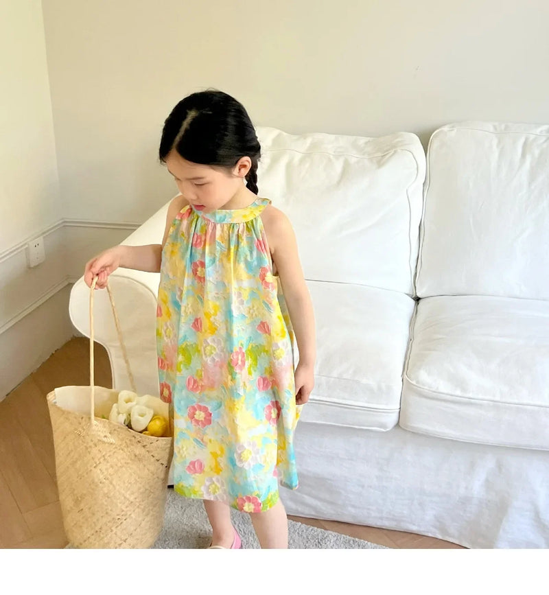 Summer Little Girl Pastoral Off-the-shoulder Dress Girls Casual Flower Princess Dress Kids Clothes