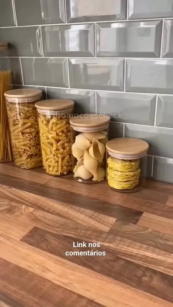 Kit de Potes de Vidro Borossilicato e Tampa de Bambu