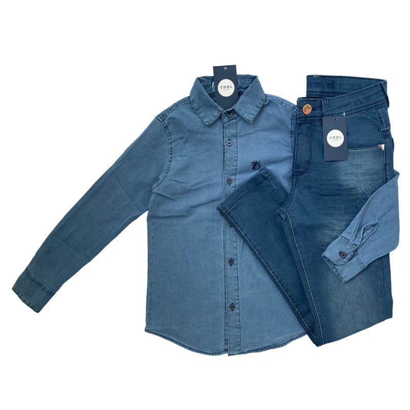 Conjunto Juvenil Jeans Menino Calça jeans + Camisa jeans (manga longa ou curta)