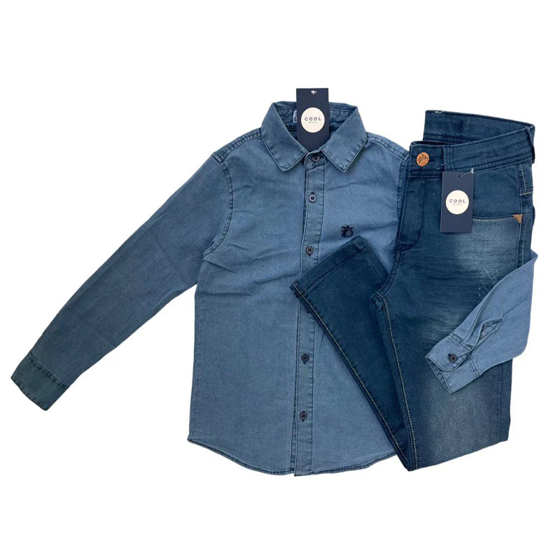 Conjunto Juvenil Jeans Menino Calça jeans + Camisa jeans (manga longa ou curta)