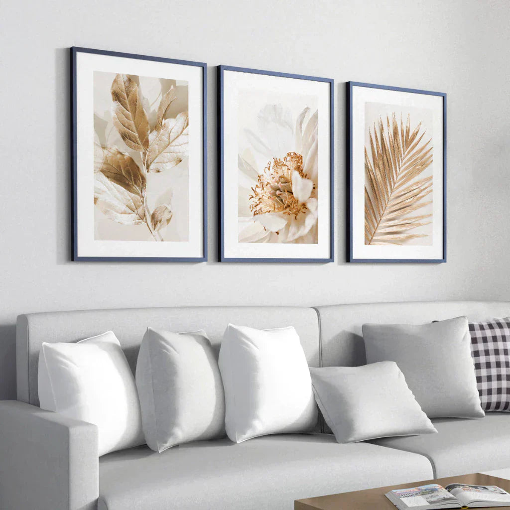 Kit com 3 Quadros Decorativos - Folhagem Dourada