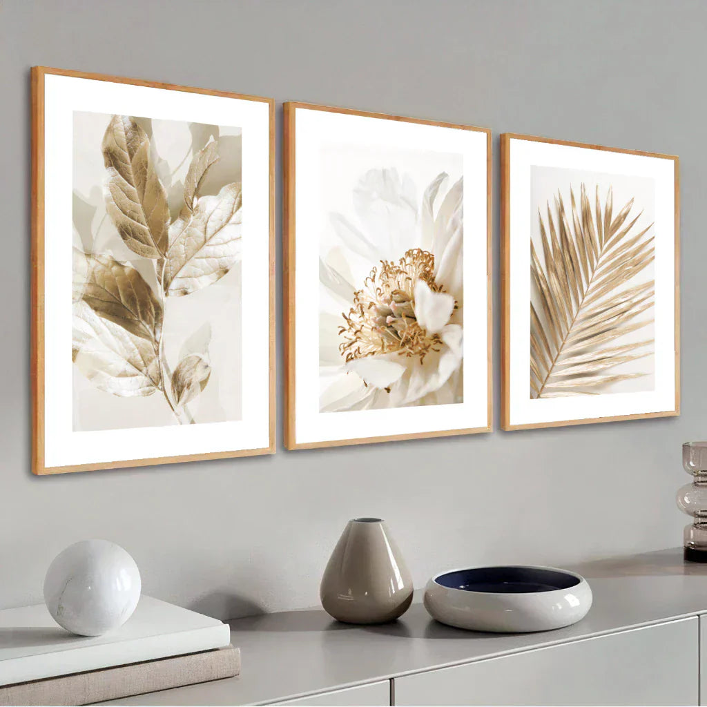 Kit com 3 Quadros Decorativos - Folhagem Dourada