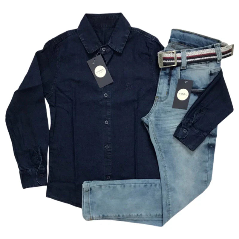 Conjunto Juvenil Jeans Menino Calça jeans + Camisa jeans (manga longa ou curta)