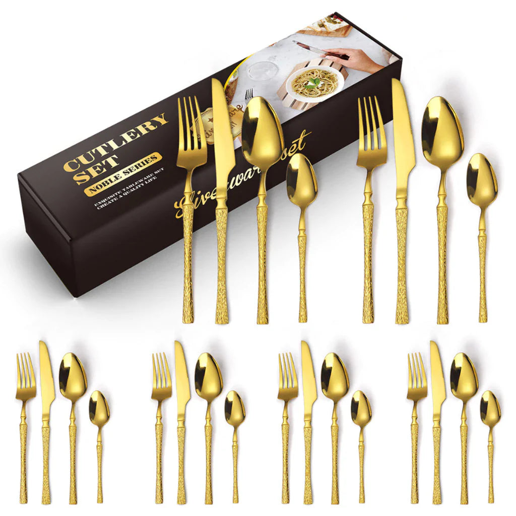 Faqueiro Luxo Premium Gold 24 Peças - Textura Esculpida