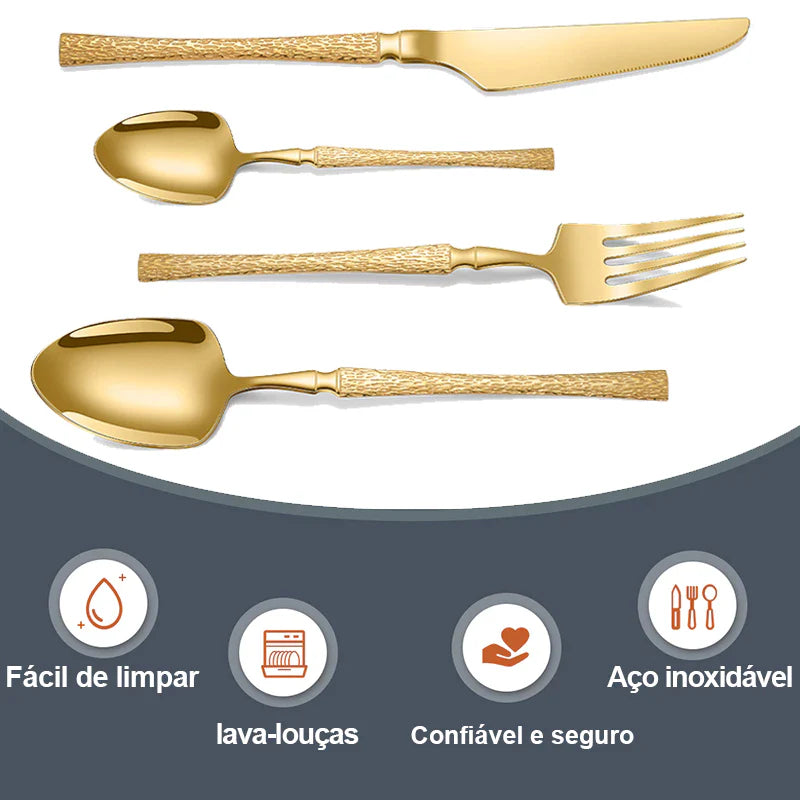 Faqueiro Luxo Premium Gold 24 Peças - Textura Esculpida