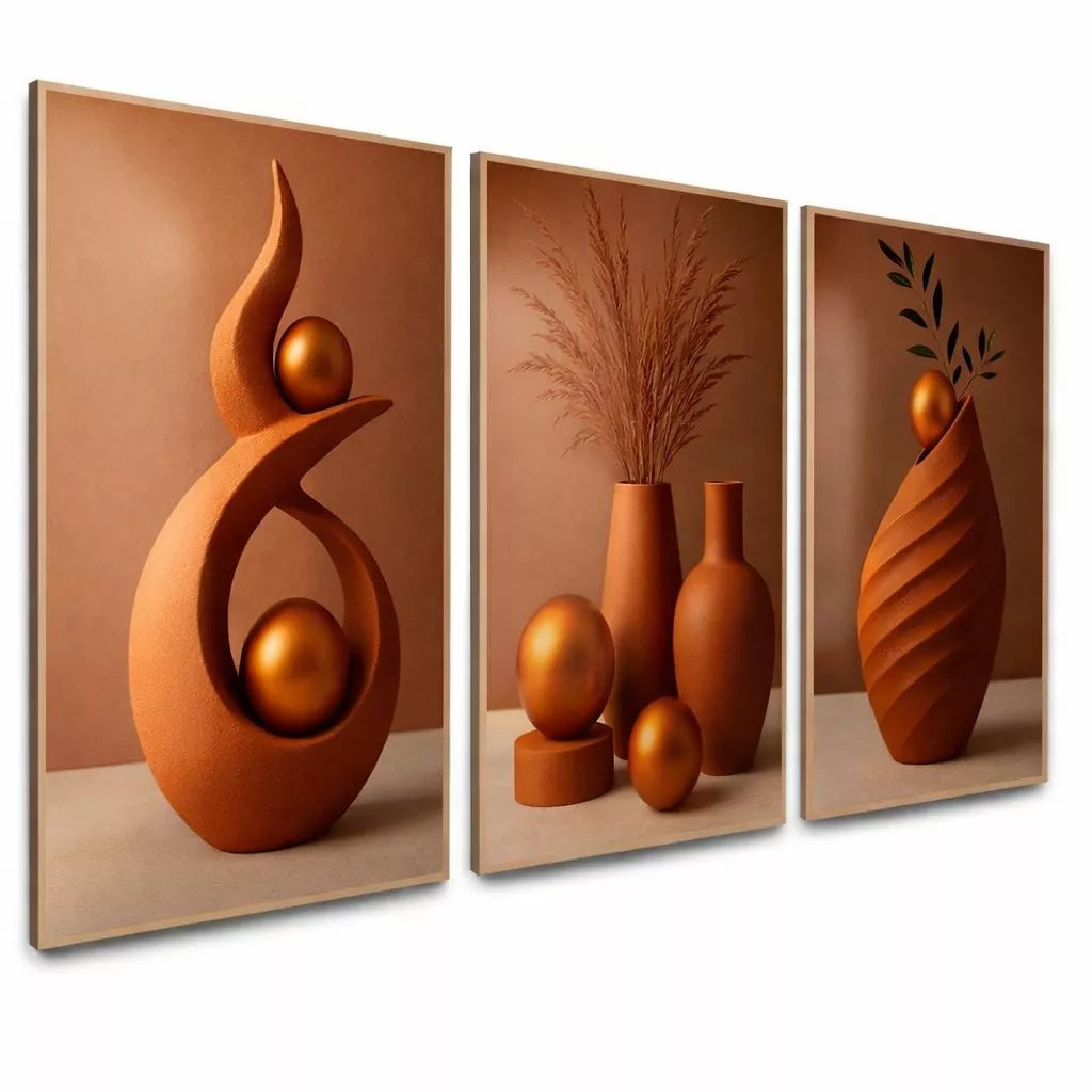 Quadro Decorativo 3 Peças Abstrato Geométrico Moderno Estilo Zen