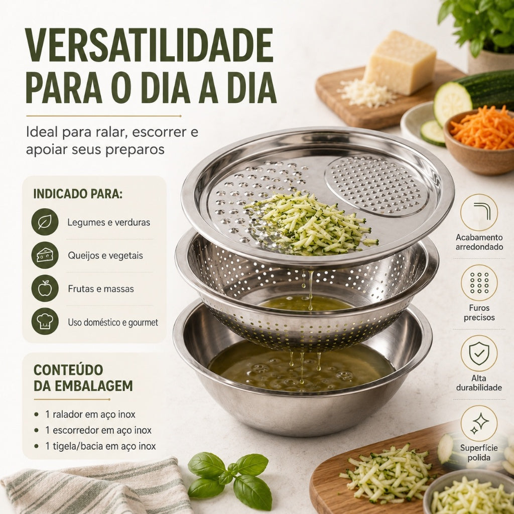 Bacia Raladora 4 em 1 Inox Fatiador e Escorredor