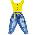 Conjunto Infantil Cropped e Calça Jeans Jogger Destroyed - Mini Diva Blogueira