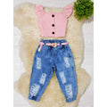 Conjunto Infantil Cropped e Calça Jeans Jogger Destroyed - Mini Diva Blogueira