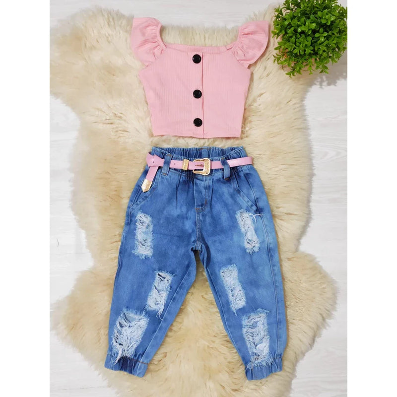 Conjunto Infantil Cropped e Calça Jeans Jogger Destroyed - Mini Diva Blogueira