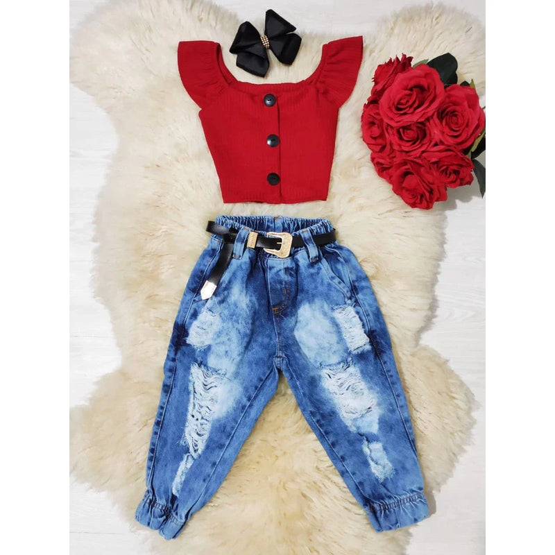 Conjunto Infantil Cropped e Calça Jeans Jogger Destroyed - Mini Diva Blogueira