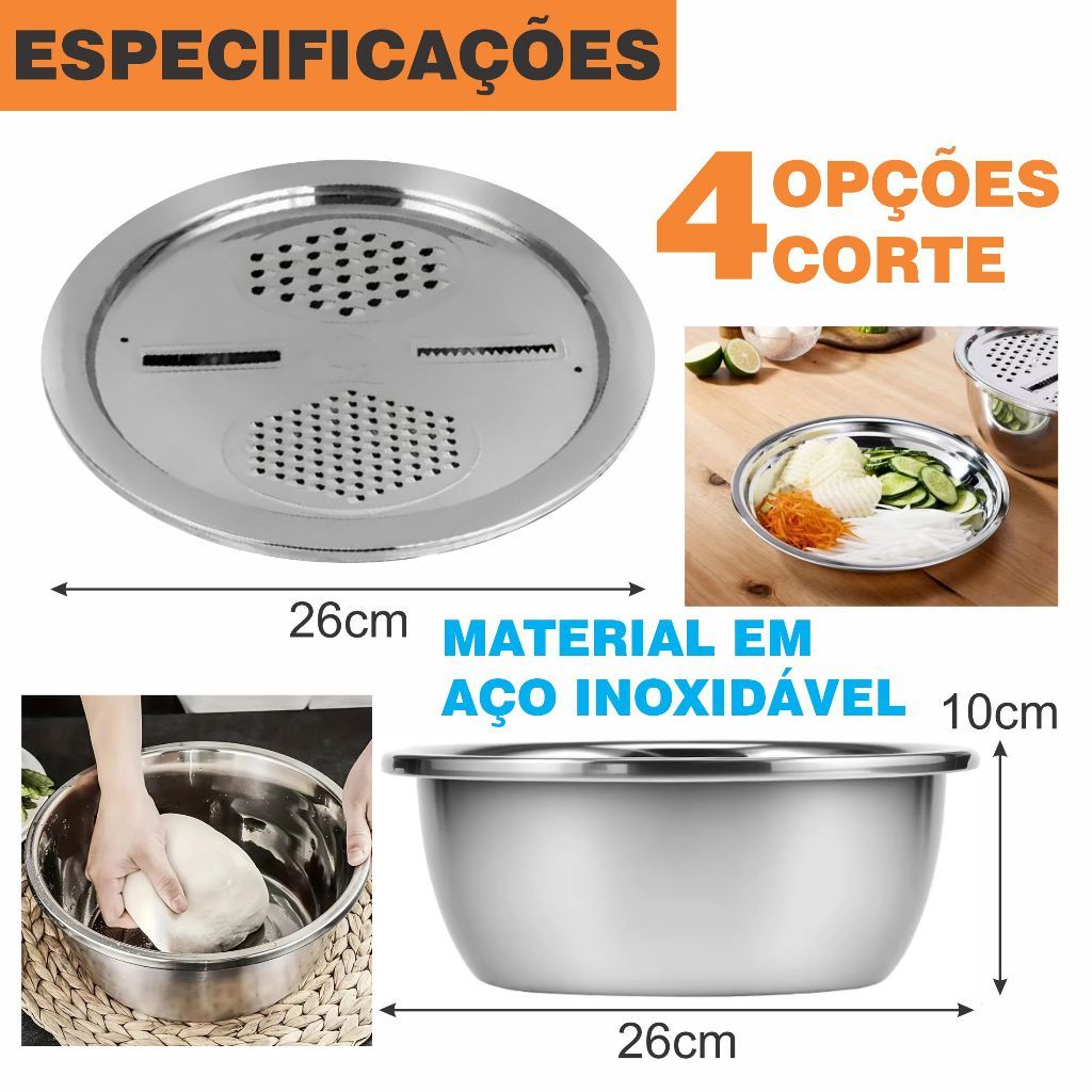 Bacia Raladora 4 em 1 Inox Fatiador e Escorredor